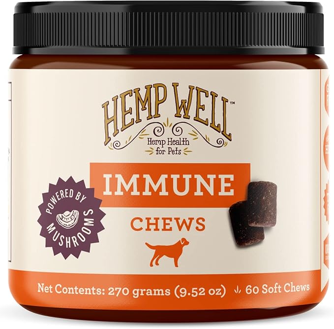 Hemp Well Immune - Digestion + Gut Support - Dog Soft Chews with Functional Mushrooms - 60 Count, Dog Supplements for Digestive and Skin Support