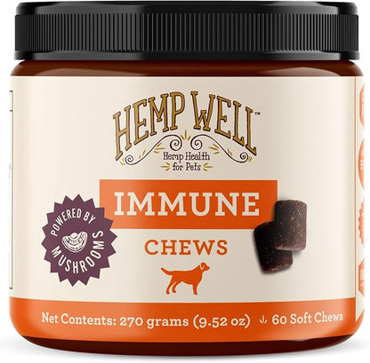 Hemp Well Immune - Digestion + Gut Support - Dog Soft Chews with Functional Mushrooms - 60 Count, Dog Supplements for Digestive and Skin Support
