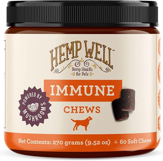 Hemp Well Immune - Digestion + Gut Support - Dog Soft Chews with Functional Mushrooms - 60 Count, Dog Supplements for Digestive and Skin Support