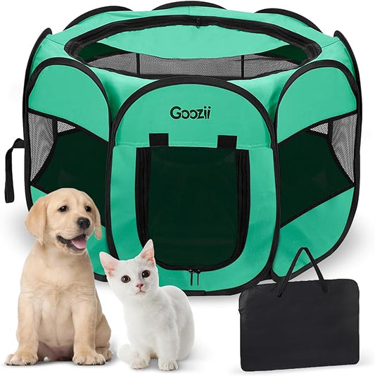 Portable Pop Up Large Pet Puppy Dog Playpen Indoor, Collapsible Cat Kitten Crate Cage Kennel Enclosed, Foldable Cat Play Pen Tent with Bottom Roof Cover for Car Travel Camping - Green
