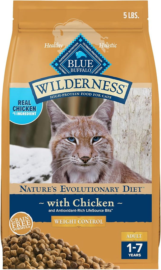 Blue Buffalo Wilderness Natural Adult Weight Management Dry Cat Food, High-Protein & Grain-Free Weight Control Formula, Chicken, 5-lb Bag