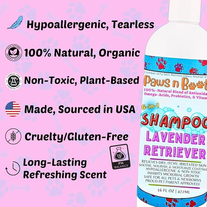 6-in-1 Dog Shampoo - Fast Relief for Allergies, Dry, Itchy, Skin. Premium & Beneficial Ingredients to Repair and Nourish The Skin/Coat. 100% Natural, Organic, Plant-Based, Lavender-Retriever
