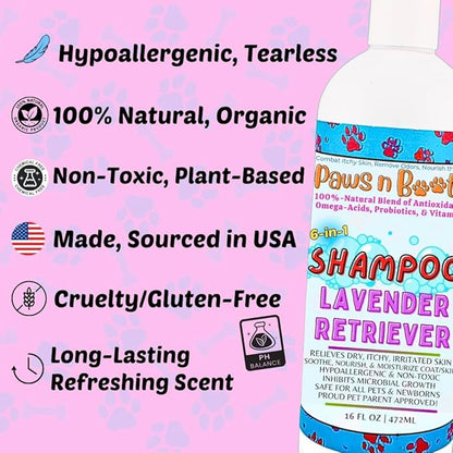 6-in-1 Dog Shampoo - Fast Relief for Allergies, Dry, Itchy, Skin. Premium & Beneficial Ingredients to Repair and Nourish The Skin/Coat. 100% Natural, Organic, Plant-Based, Lavender-Retriever
