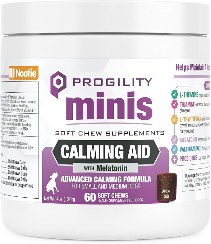 Nootie Progility Mini Calming Aid Chews for Dogs, Advanced Calming Support for Dogs with Melatonin, 60 Soft Chews