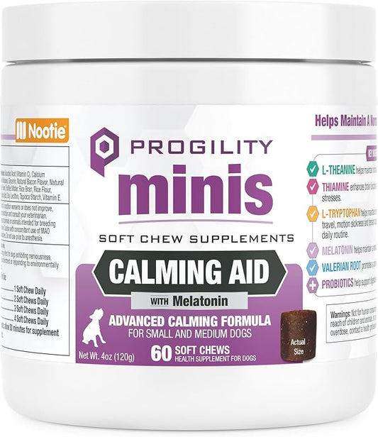 Nootie Progility Mini Calming Aid Chews for Dogs, Advanced Calming Support for Dogs with Melatonin, 60 Soft Chews