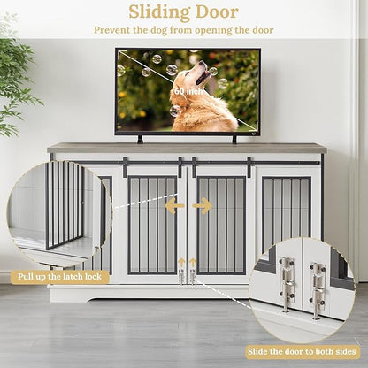 Rovibek 60.6" Double Dog Crate Furniture, Large Dog Kennel Furniture TV Stand for 2 Dogs, Furniture Style Dog Crates End Table, Wood Crates for Dogs White