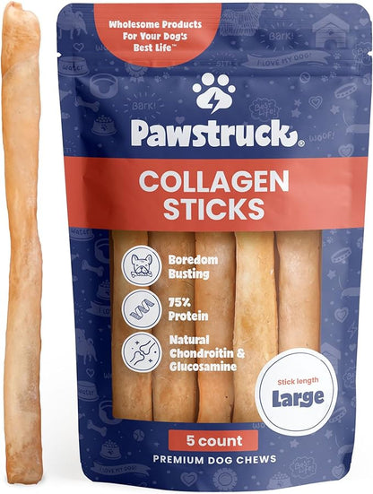 Pawstruck Natural Large 12" Beef Collagen Sticks for Dogs  Long-Lasting Rawhide Alternative, High Protein Treats with Chondroitin & Glucosamine  5 Pack