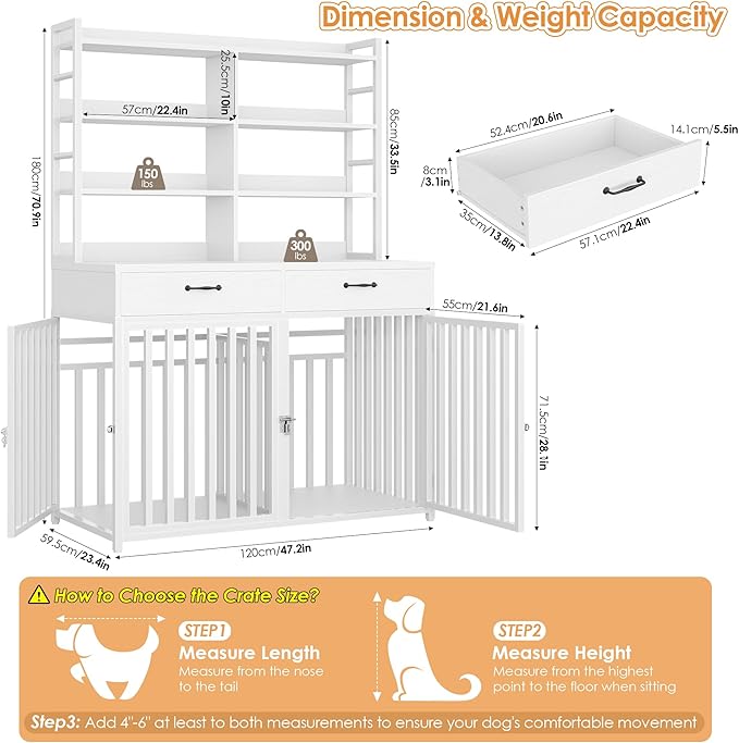Keyluv 71''H x 47.2''W Large Dog Crate Furniture with 4-Tier Shelves and 2 Storage Drawers, Heavy Duty Dog Cage Furniture with 2 Doors, Wood & Metal Dog Kennel Indoor for Small/Medium/Large Dog, White