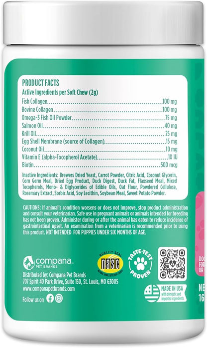 Doggie Dailies Skin & Coat Supplement Support, Salmon Oil for Dogs Skin and Coat with Collagen, Omega 3, Krill Oil, Biotin, & Coconut Oil for Dogs (Duck) 225 Soft Chews