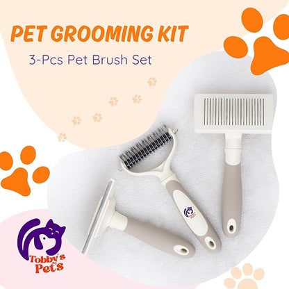 Pet Grooming Kit  3-Pcs Pet Brush Set with Dematting Tool, Deshedding Brush, Self-Cleaning Slicker Brush  Professional Dog Brushes for Grooming Long-Haired Dogs and Cats