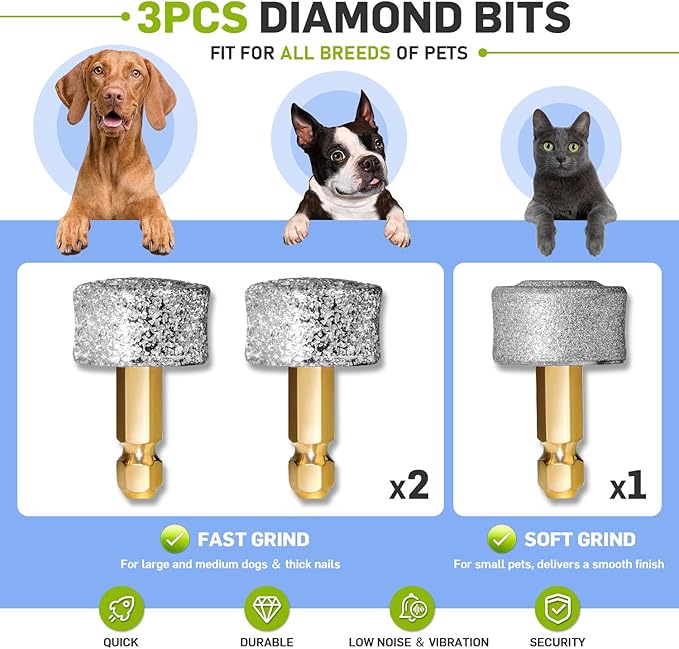 Dog Nail Grinder Super Quiet Dog Nail Trimmers 3 Grinding Wheels 3 Speed Rechargeable Pet Nail Grinder LED Display Dog Nail Clippers Kit for Large Medium Small Dogs Cats Dog Nail File Toenail Clippers