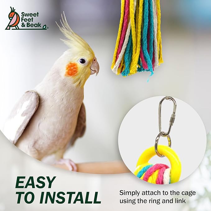 Sweet Feet & Beak Cotton 11" Rope Toy - Colorful Parrot Chew Toys for Shredding & Chewing - Engaging & Stimulating for Parrots, Small & Large Sized Birds - Cage Accessories