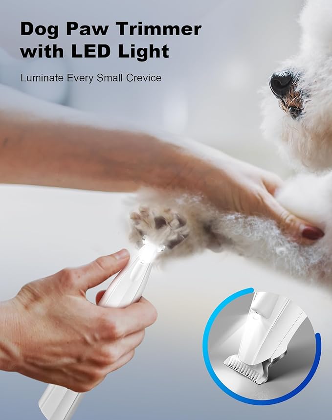 Dog Paw Trimmer for Grooming, Cordless Electric Dog Clippers with LED Light, Rechargeable Low Noise Small Pet Shaver for Trimming Cat's Hair Around Eyes, Faces, Ears, Paws, Rump(White)