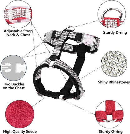 Dog Reflective Rhinestone Harness, No Pull Adjustable D-Ring Harness Walking Harness for Small Meduim Large Dog(Black,S)
