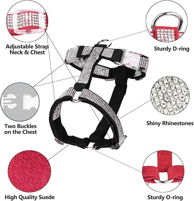 Dog Reflective Rhinestone Harness, No Pull Adjustable D-Ring Harness Walking Harness for Small Meduim Large Dog(Black,M)