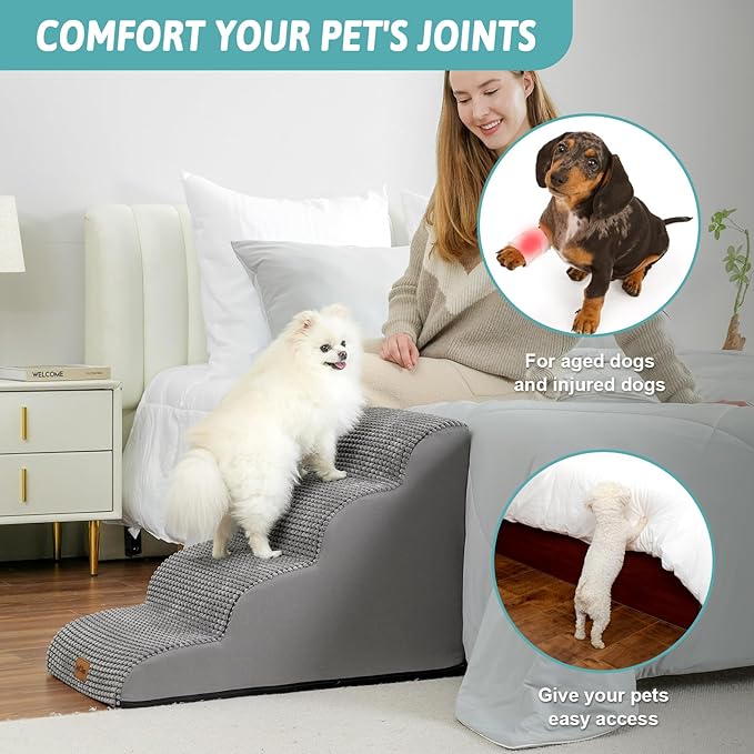 Dog Stairs for Small Dogs 19.7" H, Pet Step with Leakproof Cover, High Density Foam Cat Ramp for Bed, Couch or Sofa, Lightweight, Durable, Comfort, 15.7x28.3x19.7 inch, 4 Tiers, Light Grey