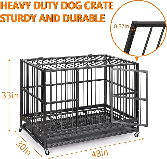 48  Heavy Duty Dog Crate, Cage Kennel with Wheels&Brakes, High Anxiety Indestructible, Sturdy Locks Design, Double Door and Removable Tray, for Large Pets