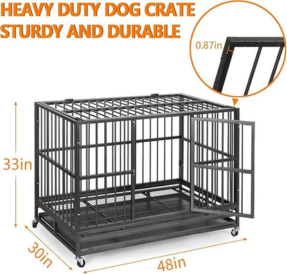 48  Heavy Duty Dog Crate, Cage Kennel with Wheels&Brakes, High Anxiety Indestructible, Sturdy Locks Design, Double Door and Removable Tray, for Large Pets