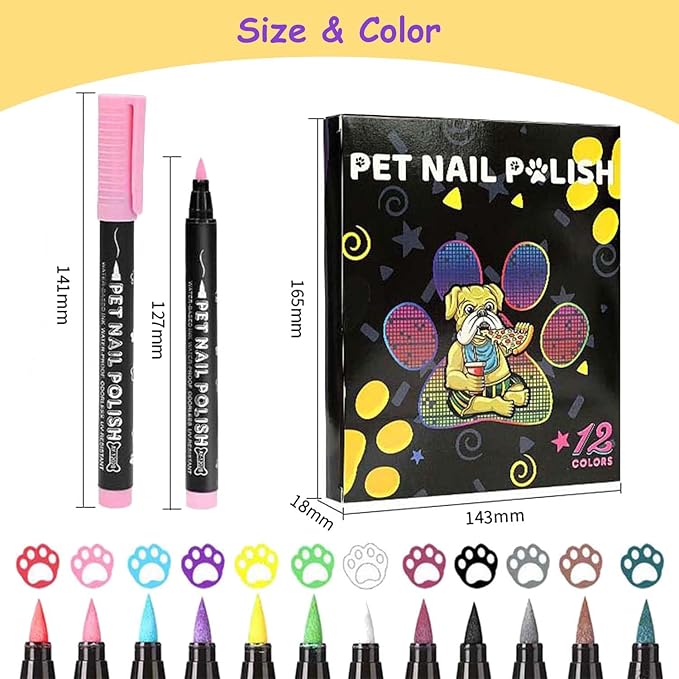 Dog Nail Polish Pens,12 Colors Dog Claw Care Nail Polish, Waterproof Acrylic Paint Pens, Quick Dry Dog Nail Markers for DIY Pet Nails