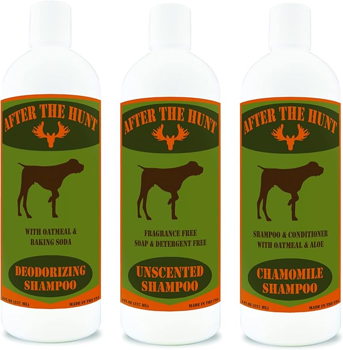 After The Hunt Complete Hunting Dog Shampoo System - 3 Pack - Unscented - Chamomile & Oatmeal - Deodorizing - 8 oz Each