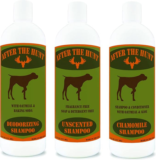 After The Hunt Complete Hunting Dog Shampoo System - 3 Pack - Unscented - Chamomile & Oatmeal - Deodorizing - 8 oz Each