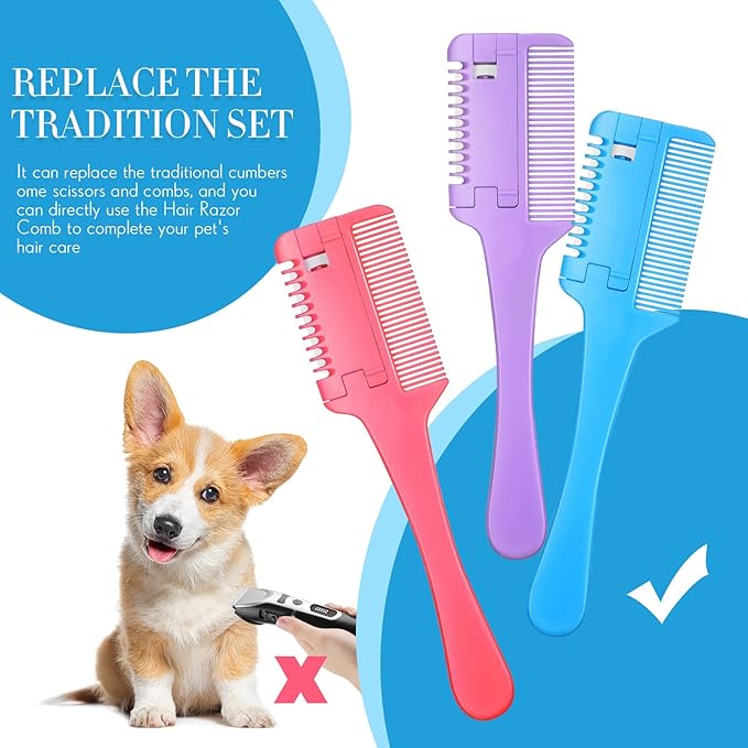 3 Pcs Pet Grooming Razor Comb with 50 Replacement Blades - Double Sided Hair Trimmer, Cutter and Scissors Tool for Dogs and Cats(Pink, Blue, Purple)