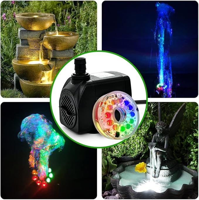 PULACO 10Watt 160GPH Submersible Fountain Pump with Automatic Color Changing LED Light and flow regulator for Water Feature, Outdoor Pond, Aquarium fish tanks