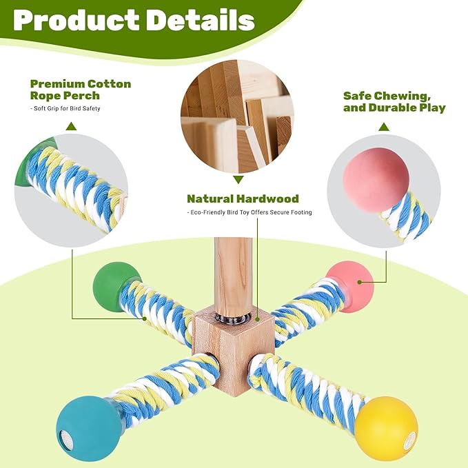 Bird Perch Toy, Parrot 360° Interactive Rotating Toy for Parakeets - Natural Wood & Cotton Rope, Detachable Interactive Bird Toy, Chewable Design Reduces Boredom Anxiety for Small Birds