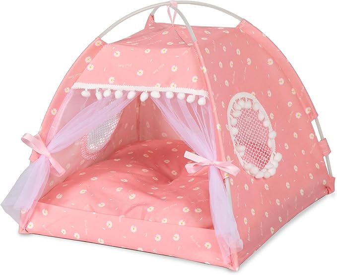 Gigreinc Cat Princess Indoor Tent House Pet Dog Cute Floral Cave Nest Bed Portable Dog Tents (M:38x38x36cm/15x15x14inch, Daisy Pink)