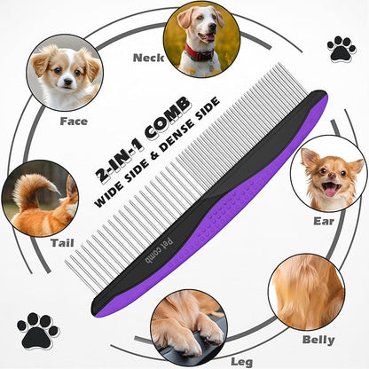 3PCS Premium Dog Grooming Kit - I Deshedding Brush & Metal Comb for Dogs & Cats (Purple Black)