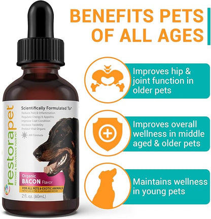 RestoraPet 1-Pack Dog & Cat Bacon Liquid Multivitamin | Dog Arthritis Pain Relief | Hip & Joint Vitamins for Dogs - Anti Inflammatory Supplement for Dogs & Cats | Organic & Non-GMO, Vet Approved