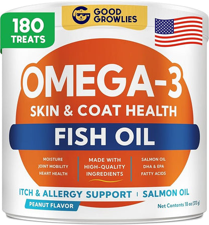 Omega 3 Fish Oil for Dogs (180Ct) - Skin&Coat Chews - Dry & Itchy Skin Relief + Allergy Support - Shiny Coat - EPA&DHA Fatty Acids - Salmon Oil Chews Promotes Heart - Peanut