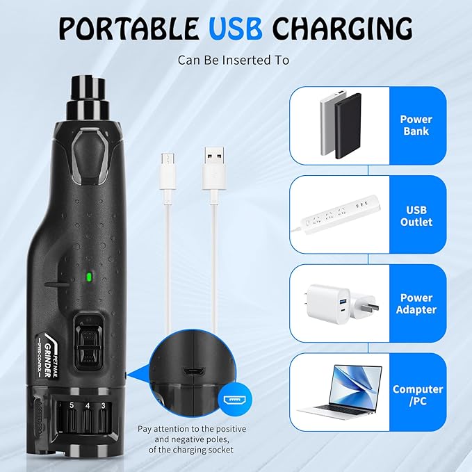 Dog Nail Grinder Quiet Low Vibration, 6 Speed Pet Nail Grinder with 2 LED Lights for Large Medium Small Dogs Cats, Professional 3 Ports Rechargeable Electric Dogs Nail Trimmer (Grey)