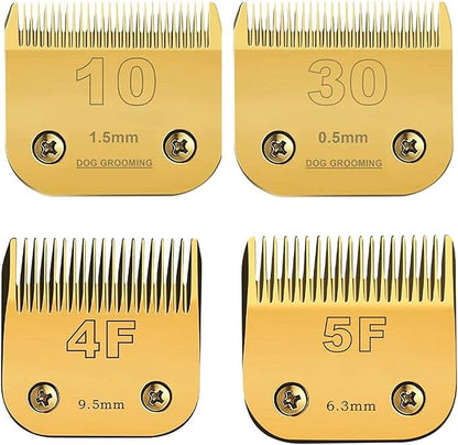 5F/4F/30/10 Detachable Pet Dog Grooming Clipper Carbon Steel Sharp,Compatible with Andis,Oster A5,Wahl KM Series Clippers,Cut Lengt 3/8"(9.5mm) 1/8"(3.2mm) 1/16"(1.5mm) 1/50" (0.5mm) 4 Pack