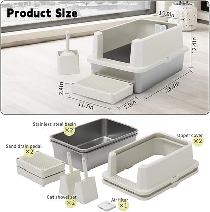 RIZZARI Stainless Steel Litter Box: Beige Leakproof Open Top Tray - Large Size Odor Control for Cats Under 20 lbs - with Deodorizer - 2 Pack - for Laundry Room Restroom