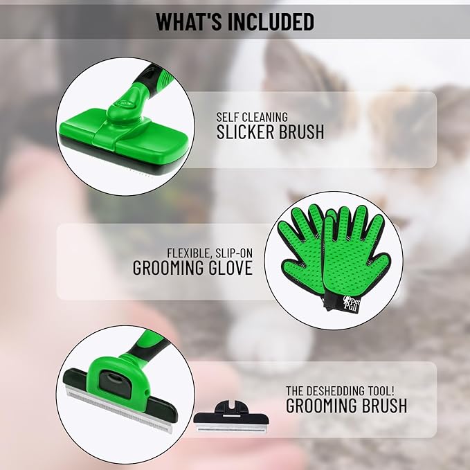 Complete Professional Pet Grooming Kit with Pet Hair Removal Tool brush Gloves, Self-Cleaning Slicker Brush, and Pro Grooming Dog Brush Deshedder Comb to Reduce Shedding (Green)