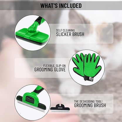 Complete Professional Pet Grooming Kit with Pet Hair Removal Tool brush Gloves, Self-Cleaning Slicker Brush, and Pro Grooming Dog Brush Deshedder Comb to Reduce Shedding (Green)