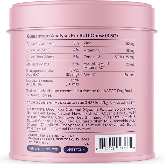 Finn Skin & Coat Salmon Oil Supplement for Dogs | Supports A Thick & Shiny Coat | Fish Oil from Wild Alaskan Salmon, Omega-3s, EPA & DHA, Biotin, & Zinc | 90 Soft Chews