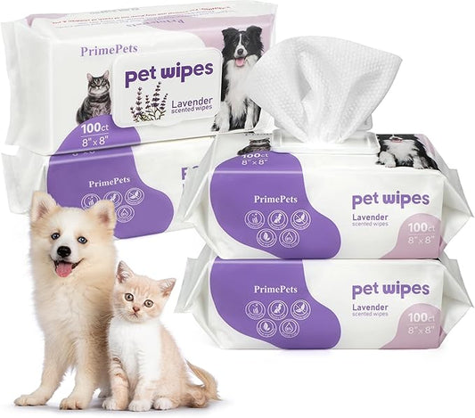 PrimePets Dog Wipes, 400 Count, 8" x 8" Pet Grooming Wipes for Dogs Cats Cleaning Deodorizing, Lavender Scented, Extra Thick Dog Paw Wipes for Sensitive Skin, Clean Ears, Eyes, Butt, Body & Teeth