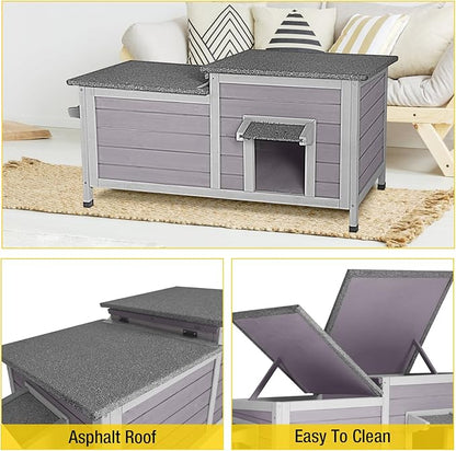 Aivituvin Outdoor Cat Houseï¼_ouble Rooms Waterproof Outside Feral Cat Shelter for Winter 100% Wood