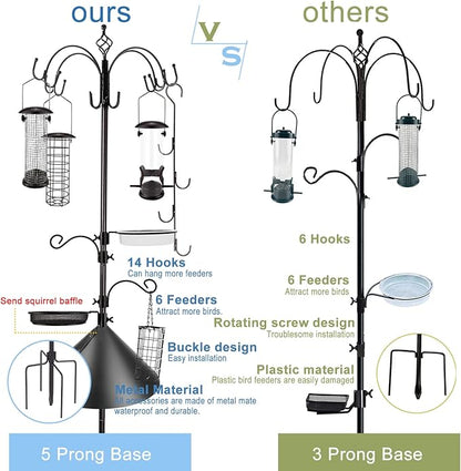 Bird Feeding Station Kit with Squirrel Baffle Bird Feeder Pole with Suet Cage Mesh Tray Fruit Hook Double W Hook for Attracting Wild Birds and Hanging Planter Hanger Lights