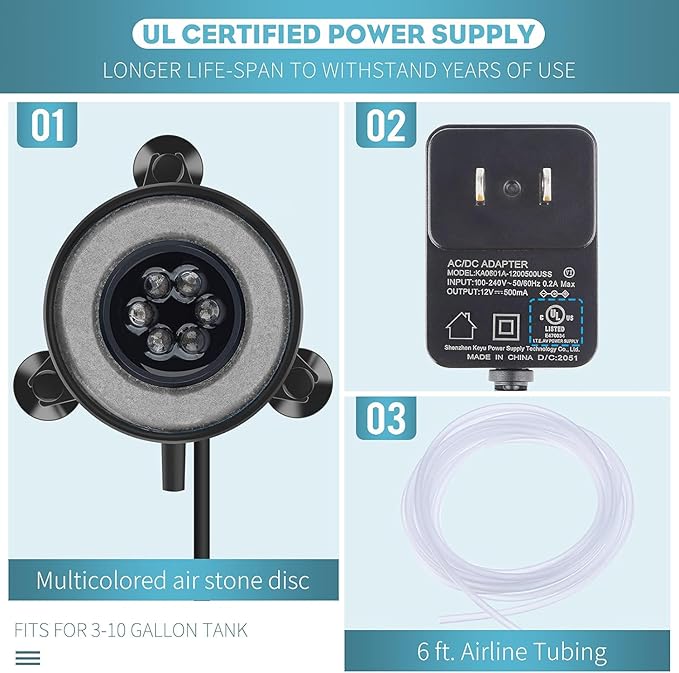 Pawfly 2 Inch Aquarium Air Stone Disc with LED Light Fine Bubbler Diffuser with Tubing for Fish Tank (Pump not Included)