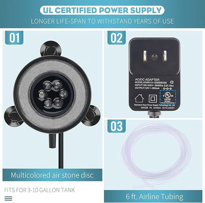 Pawfly 2 Inch Aquarium Air Stone Disc with LED Light Fine Bubbler Diffuser with Tubing for Fish Tank (Pump not Included)