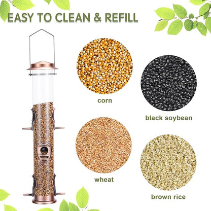 MIXXIDEA Metal Wild Bird Feeder, Squirrel Proof, Hanging 6 Port Tube Finch Feeder for Attracting Birds in Lawn, Garden, Balcony - Antique Copper