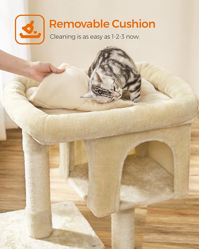 Feandrea Cat Tree, 33.1-Inch Cat Tower, L, Cat Condo for Large Cats up to 16 lb, Large Cat Perch, 2 Cat Caves, Scratching Post, Beige UPCT61M