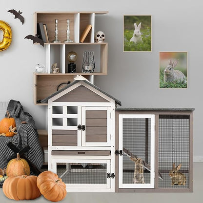 48" L Rabbit Hutch Indoor Outdoor Rabbit Cage with Run, Pull Out Tray, Asphalt Roof Large 2 Story Bunny Hutch Wooden Chicken Coop Guinea Pigs Pet House Cage for Small Animals(Grey)