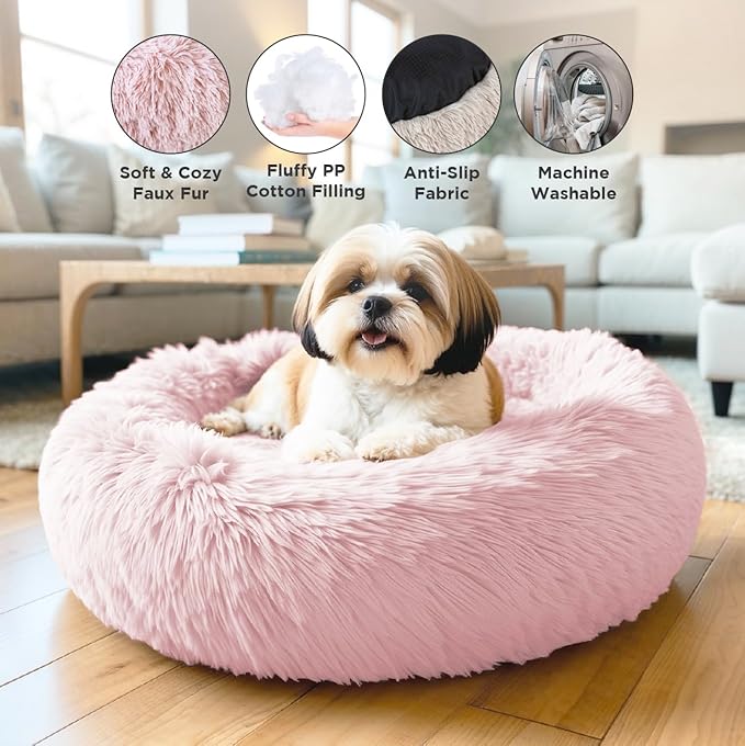 Small Donut Dog Bed, Calming Dog Bed Washable Ideal for Small to Large Dogs and Cats & Round Dog Bed,Anti-Anxiety Multiple Sizes (Pink, Combo X-Small (21" L x 21" W x 7" Th))