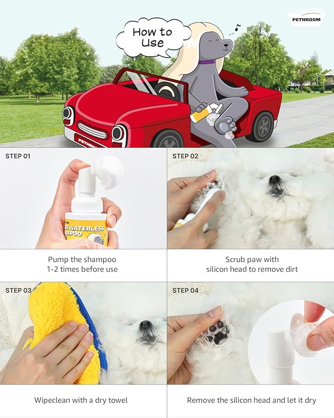 [PETHROOM] CleanPaws Foaming No-Rinse Dog Paw Wash | Quick-Dry, Non-Sticky & Deodorizing | Silicone Bristle Brush | Moisturizing & Hypoallergenic | Waterless Paw Cleaner for Dogs & Cats (2.87 fl oz.)