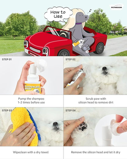 [PETHROOM] CleanPaws Foaming No-Rinse Dog Paw Wash | Quick-Dry, Non-Sticky & Deodorizing | Silicone Bristle Brush | Moisturizing & Hypoallergenic | Waterless Paw Cleaner for Dogs & Cats (2.87 fl oz.)