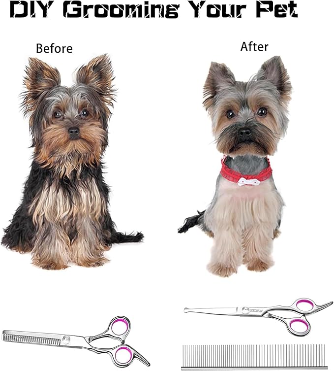 Dog Grooming Scissors - 3 in 1 Pet Grooming Shears Set, Curved Tips, Pink